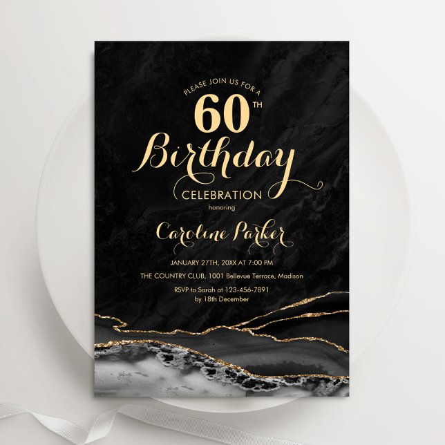 Svart Guld Agate Marble 60 Birthday Inbjudningar (Skapare uppladdad)