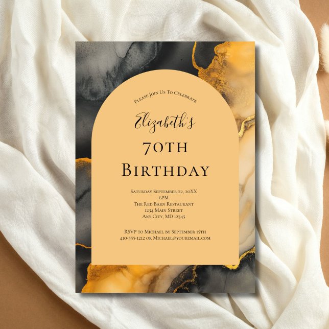 Svart Guld-alkohol, Bläck, 70:e födelsedagen för h Inbjudningar (Black Gold Alcohol Ink 70th birthday ( or any year ) arch invitation. Printed or Digital)