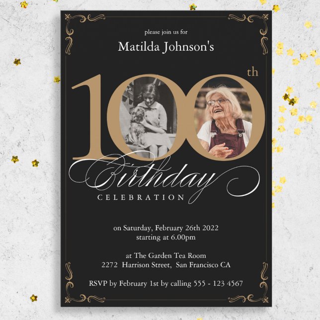 Svart Guld-Anpassningsbar - foto 100:e Födelsedags Inbjudningar (Black Gold Custom Photo 100th Birthday Party Invitation)