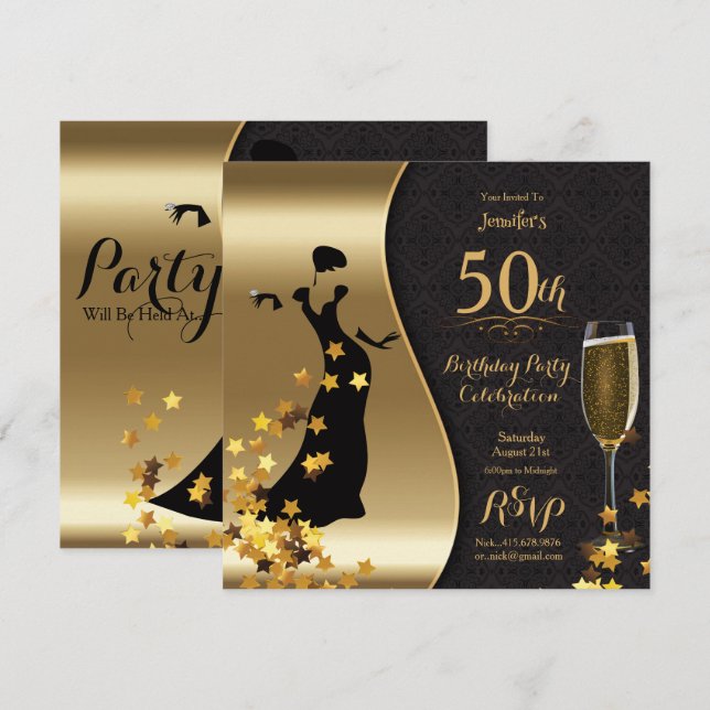 Svart & Guld Art Deco 50:e födelsedagsinbjudan Inbjudningar (Fram/baksida)