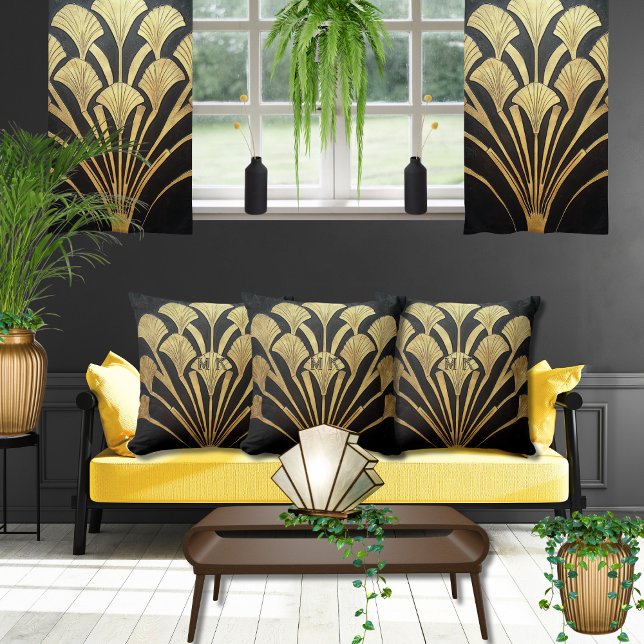 Svart Guld Art Deco-egyptiska plattor 16 x 16 bomu Kudde (Custom family or business initials or monogram on sophisticated comfortable Art Deco accent pillows)