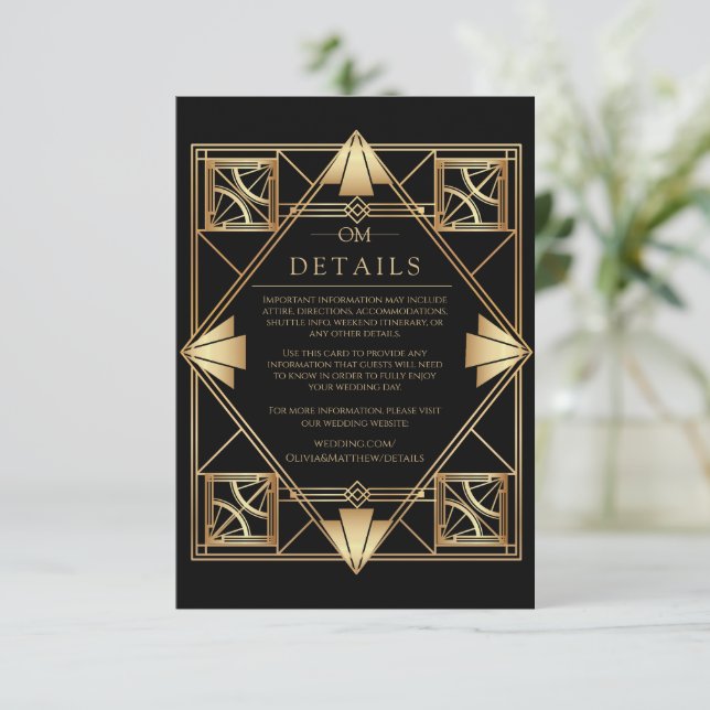 Svart & Guld Art Deco Geometrisk Bröllop  Tilläggskort (Stående Fram)