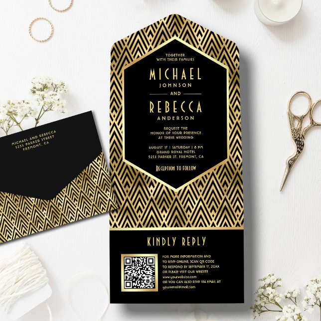 Svart Guld Art Deco Geometrisk QR-kod Bröllop (Skapare uppladdad)