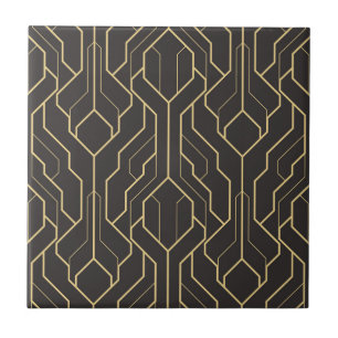 Svart Guld Art Deco Geometriskt Mönster Kakelplatta