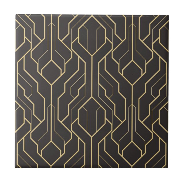 Svart Guld Art Deco Geometriskt Mönster Kakelplatta (Framsidan)