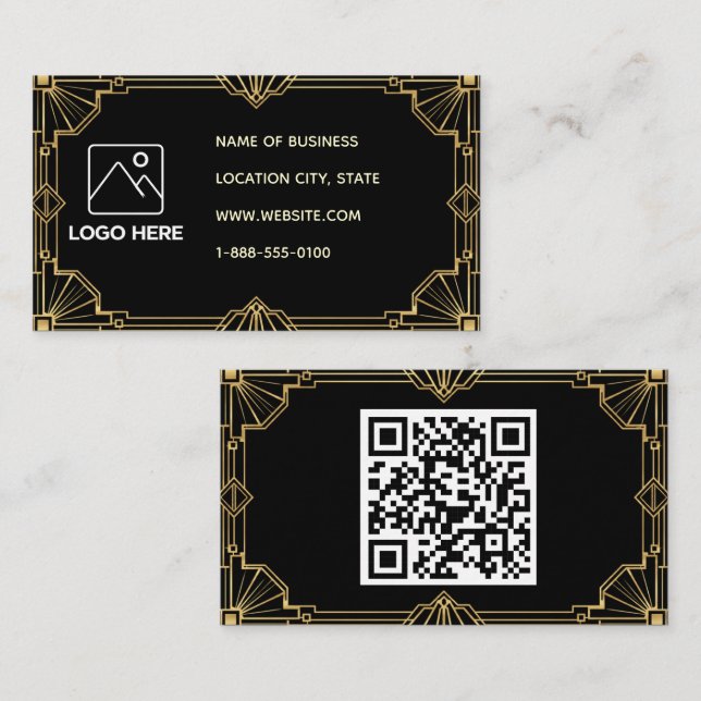 Svart Guld Art Deco QR-kod AffärsKort Visitkort (Fram/baksida)