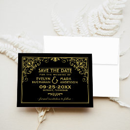 Svart Guld Art Deco Scrollwork Bröllop Spara Datumet