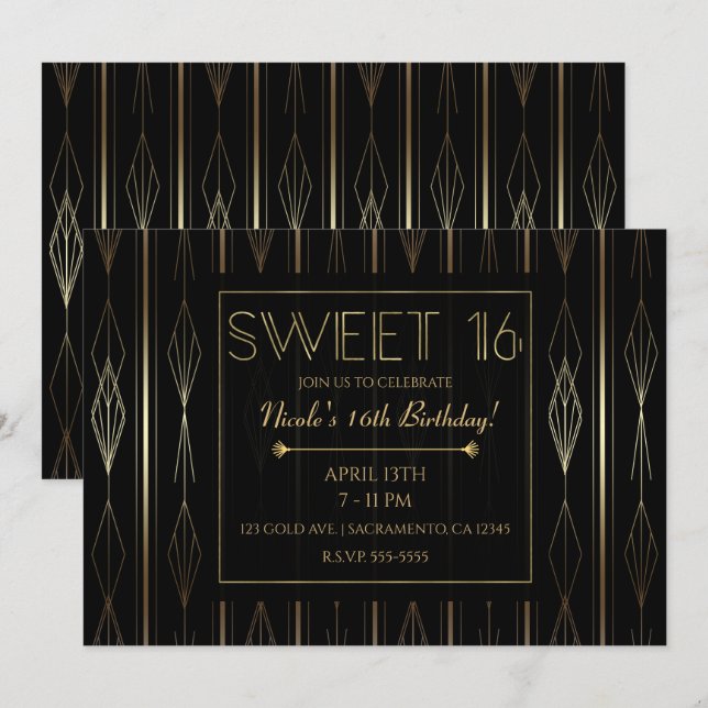Svart & Guld Art Deco Söta 16 Födelsedagsfest Inbjudningar (Fram/baksida)