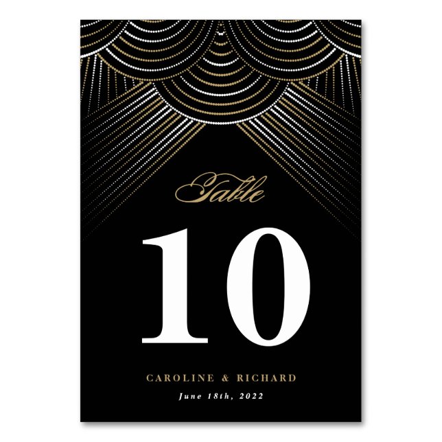 Svart Guld Art Deco Strängljus Bordskort (Framsidan)