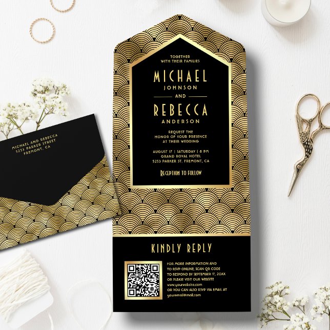 Svart Guld Art Deco Vågor Mönster QR Kod Bröllop (Skapare uppladdad)