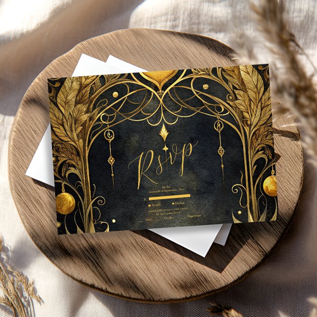 Svart Guld Art Nouveau Bröllop OSA Kort (Skapare uppladdad)