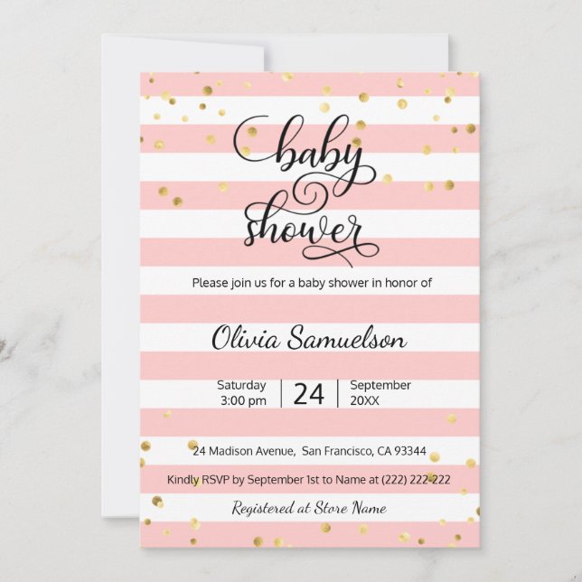 Svart guld- baby shower för gulliga rosa vitrandar inbjudningar (Framsida)