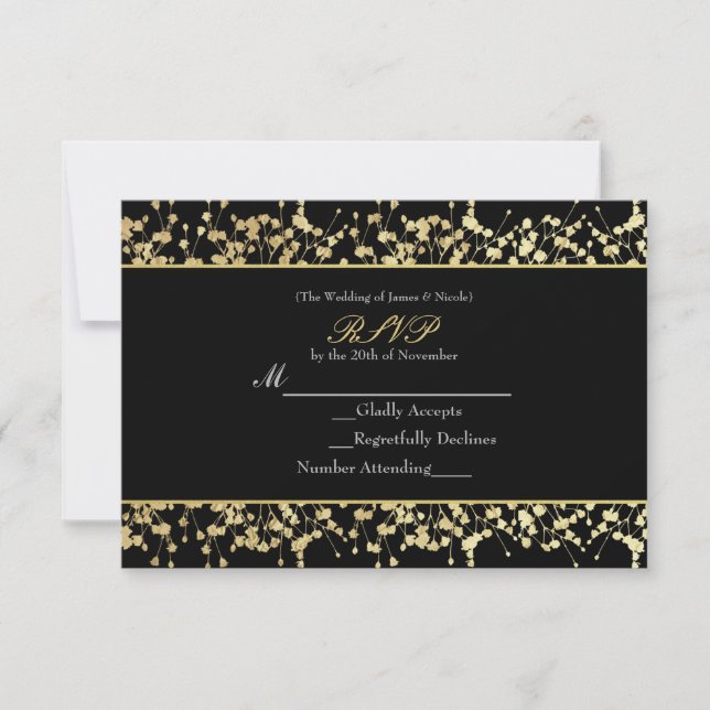 Svart & Guld Babys Breath Bröllop RSVP-kort OSA Kort (Framsida)
