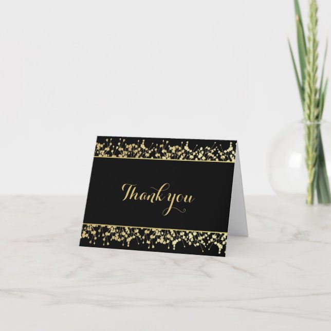 Svart & Guld Babys Breath Bröllop Tacksamhetskort Tack Kort (Framsida)