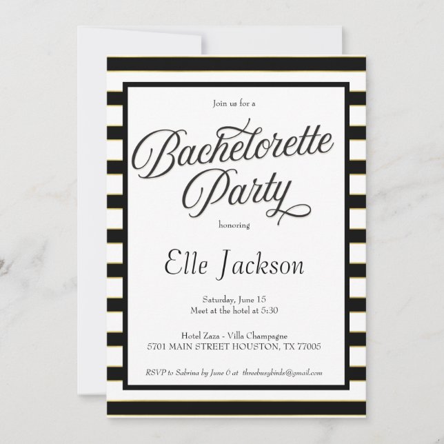 Svart + Guld Bachelorette Party-inbjudan Inbjudningar (Framsida)
