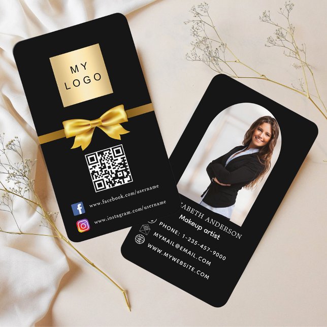 Svart guld-bågfoto Qr-kod social-media Visitkort (Skapare uppladdad)