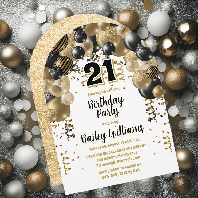 Svart Guld-ballonger 21:a födelsedag Party Inbjudningar (Black | Gold Balloons "21" 21st Birthday Party Invitations - Print and/or Download Available)