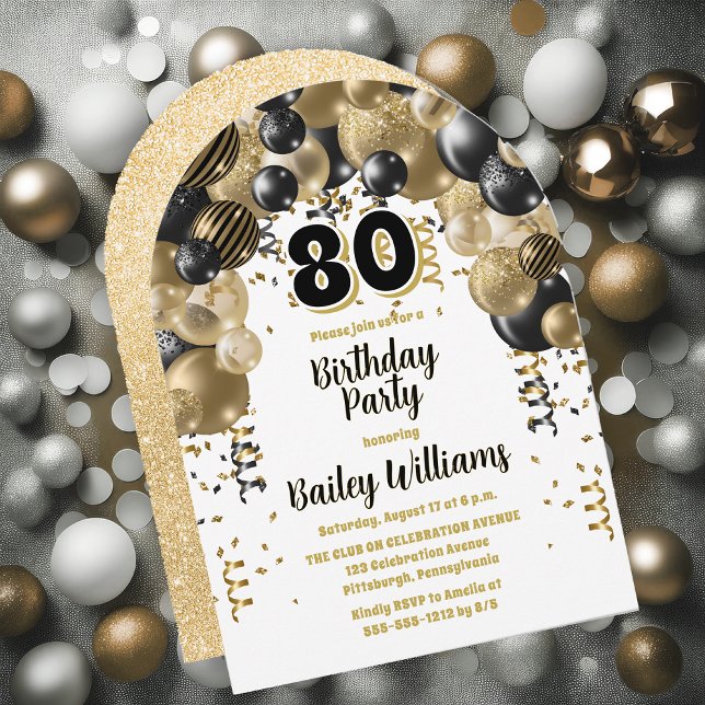 Svart Guld-ballonger 80:e Födelsedagsfesten Inbjudningar (Black, Gold Tone and White  Celebration Balloons "80" 80th Birthday Party Invitation - Print | Digi)
