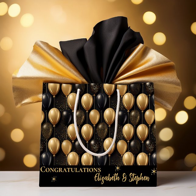 Svart | Guld-ballonger Grattis Namn (Elegant Black and Gold Faux Glitter Balloons Pattern A023 "Congratulations" [Name(s)] Large Gift Bag)