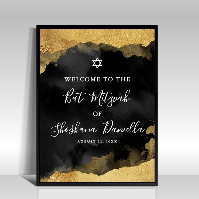 Svart Guld Bar Mitzvah Välkomstskylt Poster (Black Gold Mitzvah Welcome Sign)