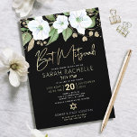 Svart Guld Bat Mitzvah Manuskrift Blommig Akvarell Inbjudningar<br><div class="desc">Var stolt, jubla och visa upp denna milstolpe för din favorit Bat Mitzvah med denna sofistikerade, personliga inbjudan! En chic, fantastisk, vit och guld glitter blomster vattenfärg med falsk guld folie skript typografi och vit san serif typ överlagrar en dramatisk svart bakgrund. Ytterligare vattenfärg blommor och en guld David-stjärna överlagrar...</div>