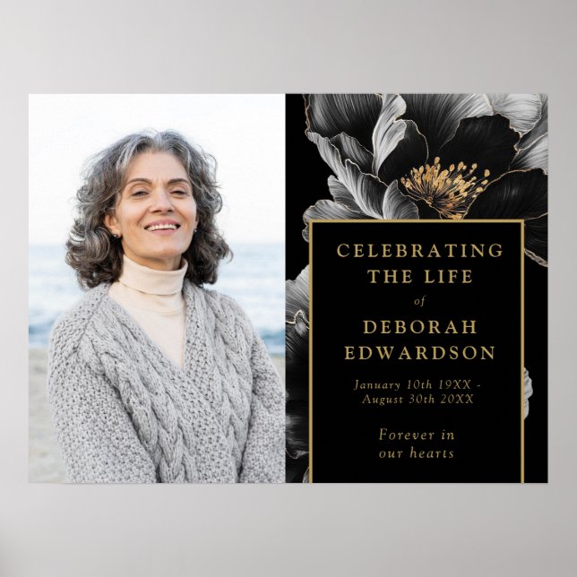 Svart Guld Begravningsfirande Livsbildskylt Poster (Framsidan)