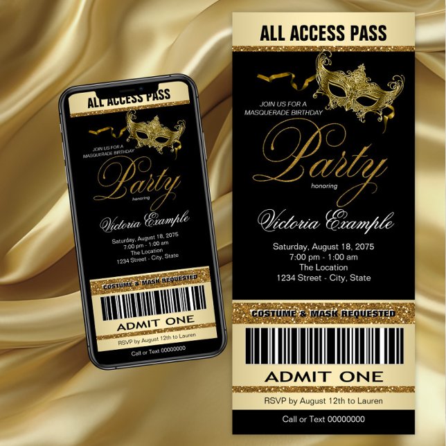 Svart Guld Biljettstil Maskeradfest Inbjudningar (Black gold masquerade party invitation. Instant download and printed invitations available.)