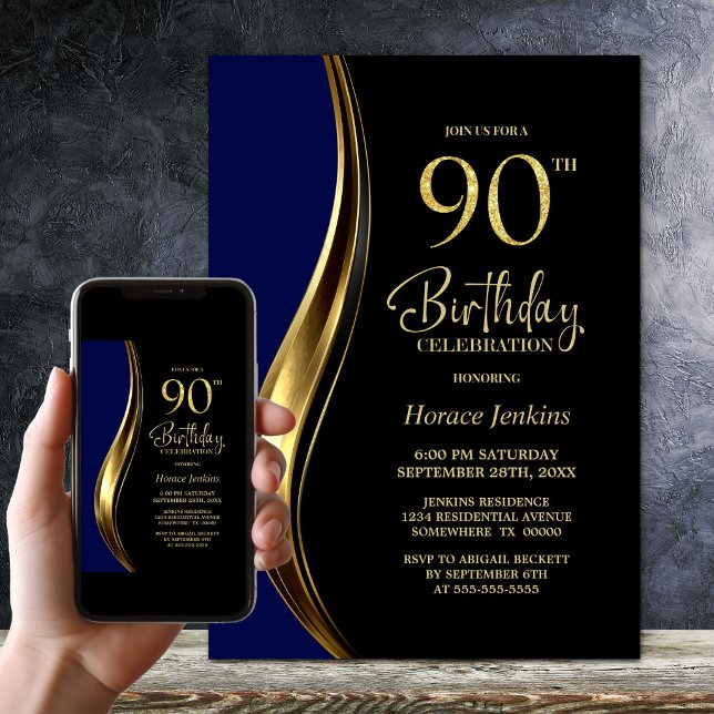 Svart Guld Blå 90-årsfest Inbjudningar (Skapare uppladdad)