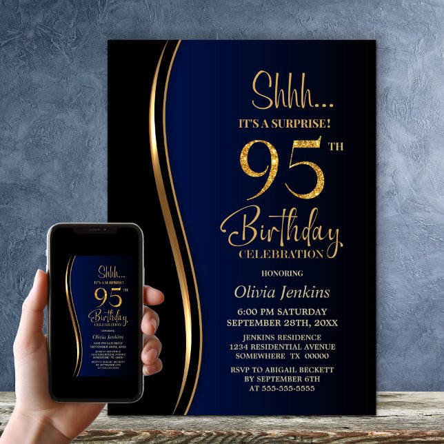 Svart Guld Blå Överraskning 95-årsdag Inbjudningar (Skapare uppladdad)