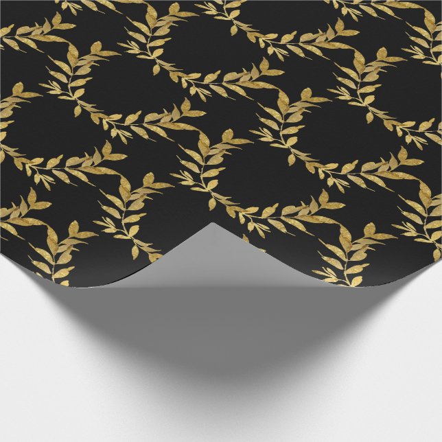 Svart Guld Blad Monogram Elegant Chic Bröllop Presentpapper (Hörn)