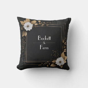 Svart Guld Blad Vit Blomma Glamourös Modern Kudde