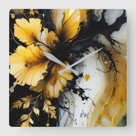 Svart guld-blommarmor fyrkantig klocka