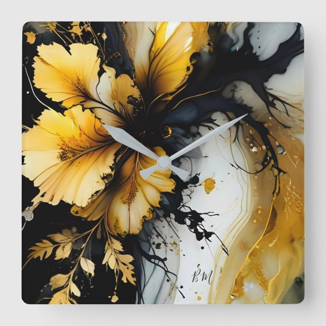Svart guld-blommarmor fyrkantig klocka (Framsida)
