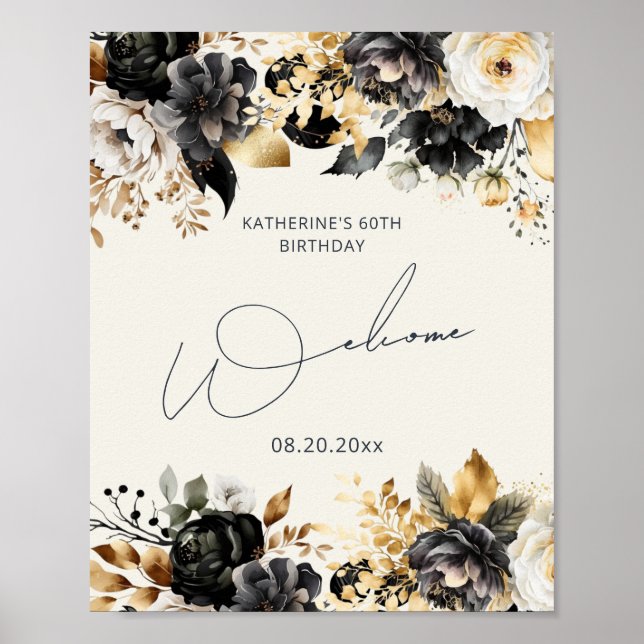 Svart Guld Blommig 60-årsdag Poster (Framsidan)