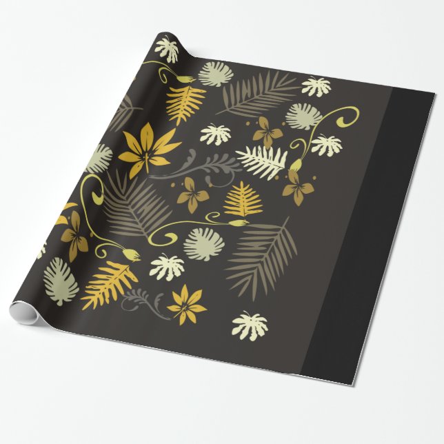 Svart & Guld Blommig 76 cm x 1,8 m presentpapper,  Presentpapper (Utrullad)