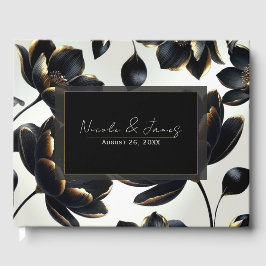 Svart & Guld Blommig Beige Bröllop Gästböcker