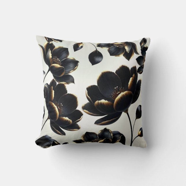Svart & Guld Blommig Beige Elegant Mörk Dyster Kudde (Framsida)