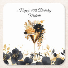 Svart Guld Blommig Cocktaildrycker 40-årsdag Underlägg Papper Kvadrat
