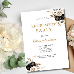 Svart Guld Blommig Elegant Modern Pensionärsfest Inbjudningar