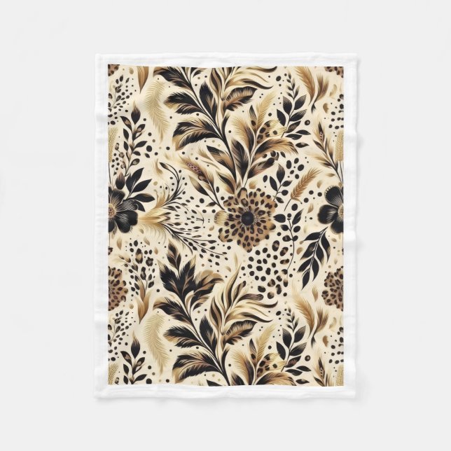 Svart Guld Blommig Leopard Mönster Fleecefilt (Framsidan)