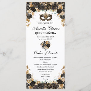 Svart Guld Blommig Maskerad Mask Quinceañera Program
