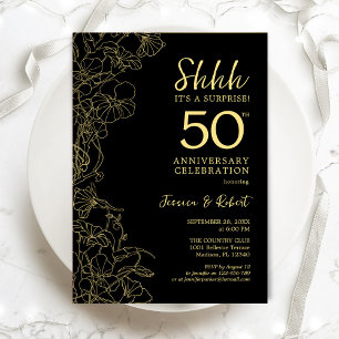 Svart Guld Blommig Överraskning 50-årsjubileum Inbjudningar