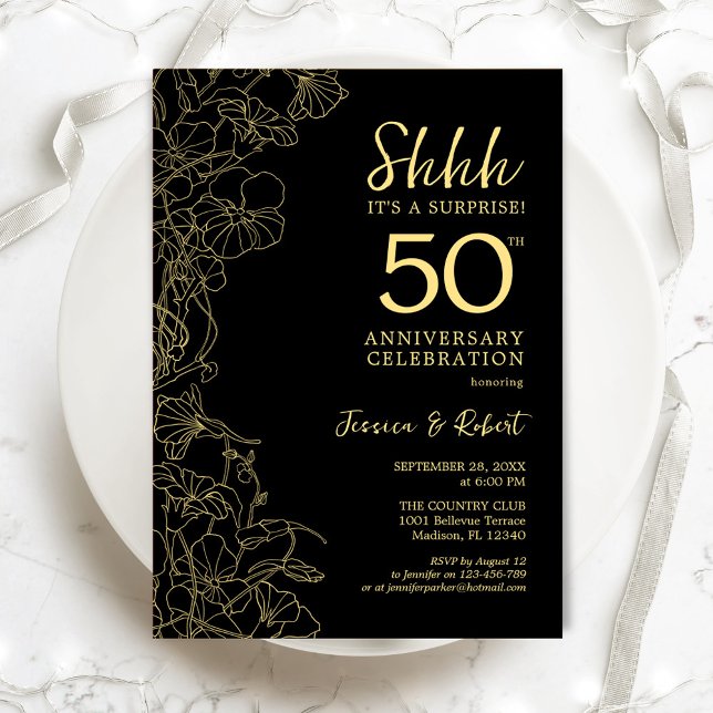 Svart Guld Blommig Överraskning 50-årsjubileum Inbjudningar (Skapare uppladdad)