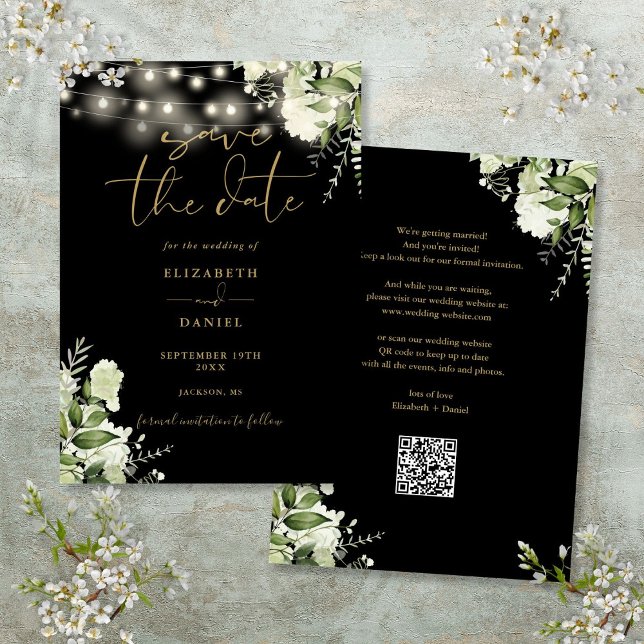 Svart Guld Blommig Sladdbelysning QR-kod Bröllop Spara Datumet (Black Gold Floral String Lights QR Code Wedding Save The Date)