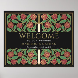 Svart Guld Blommig Svärd Kunglig Bröllops Välkomst Poster