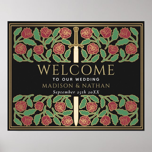 Svart Guld Blommig Svärd Kunglig Bröllops Välkomst Poster (Framsidan)