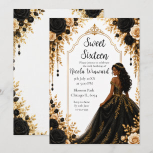 Svart Guld Blommig Sweet Sixteen-fest Inbjudningar