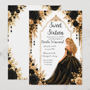 Svart Guld Blommig Sweet Sixteen-fest Inbjudningar