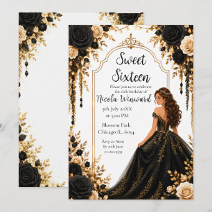 Svart Guld Blommig Sweet Sixteen-fest Inbjudningar