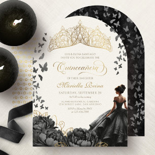Svart Guld Blommiga Fjärilar Kron Quinceanera Inbjudningar